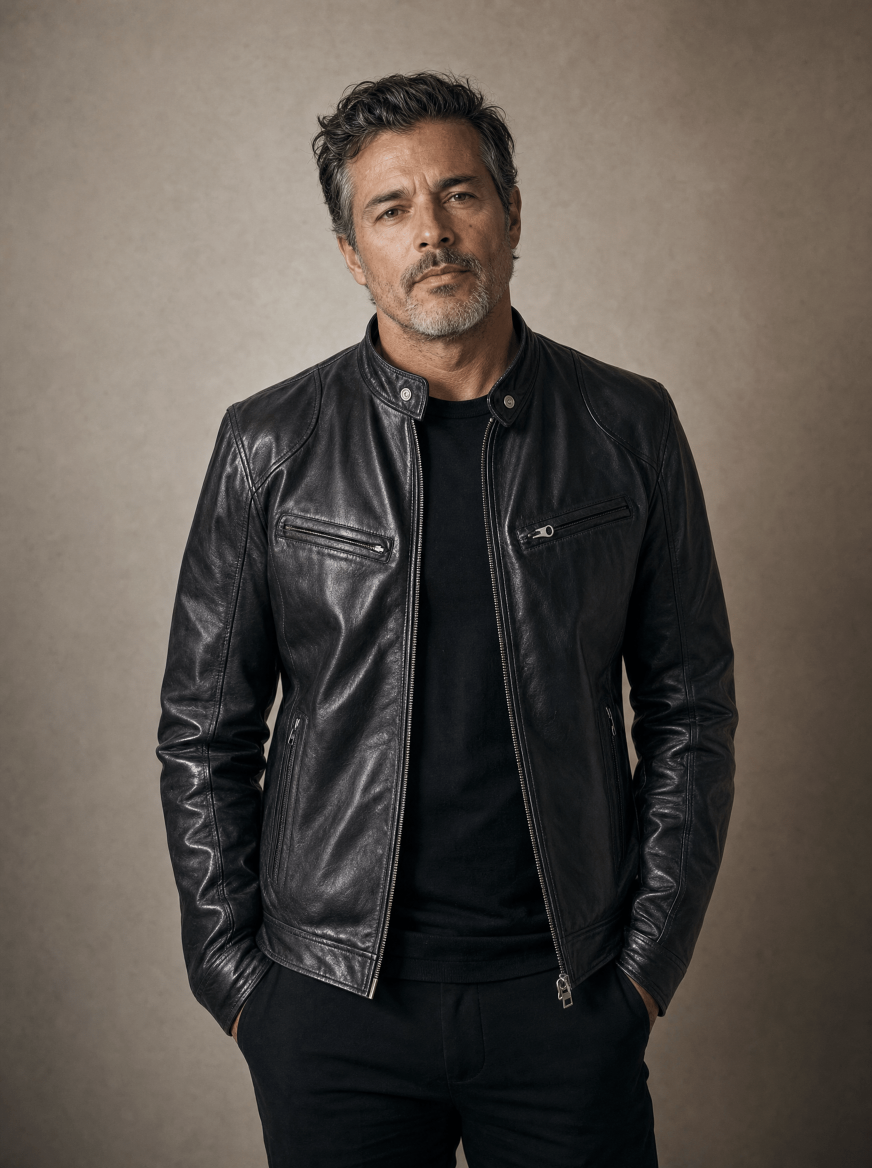 Men's Leather Racer Jacket with Stand Collar & Zip Pockets
