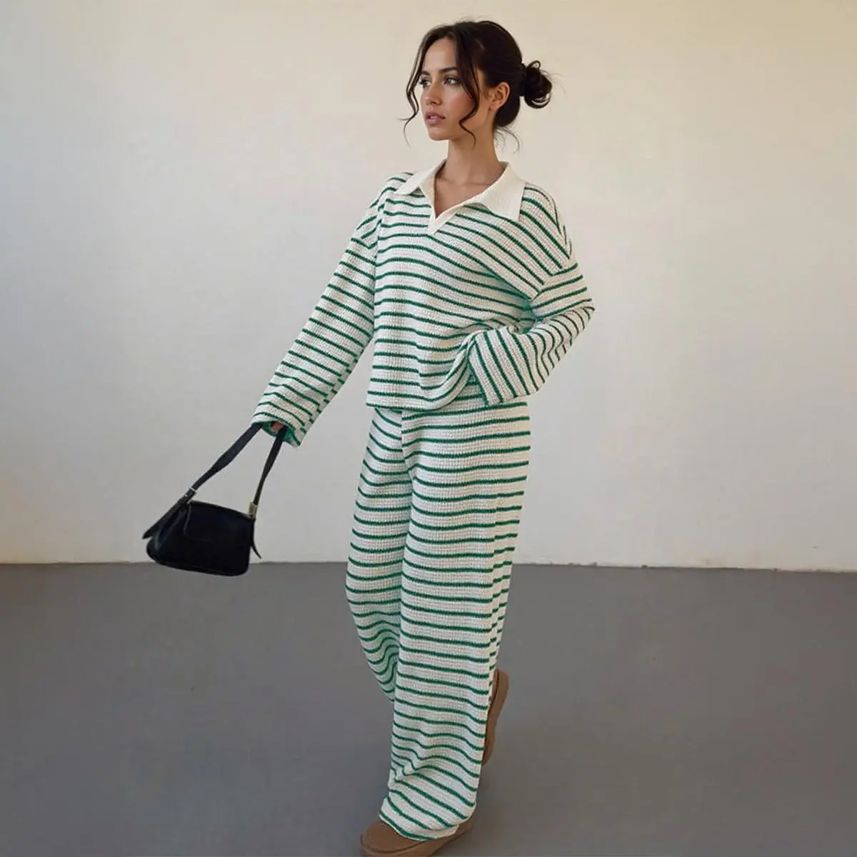 KatchMe Women's Casual Color Matching Stripe Long Sleeve Top & Wide Leg Trousers Co-ord, Soft V-Neck Loose Two Piece Outfits, Comfortable Womenswear（CN）