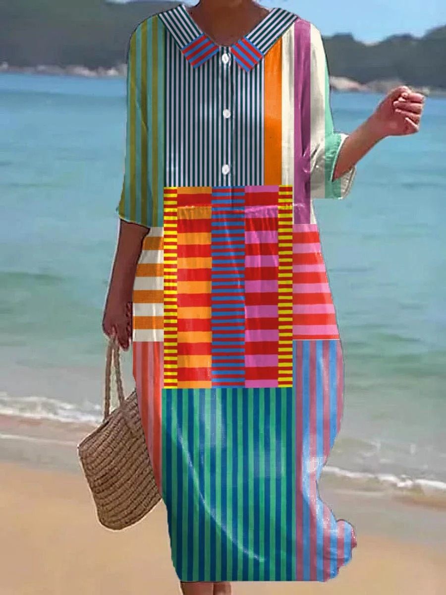 Women’s Colorful Patchwork Striped Cotton Linen 3/4 Sleeve Shirt