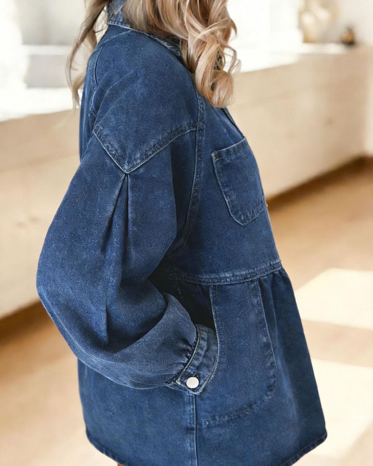 Gray Buttoned Long Sleeve Denim Mini Dress