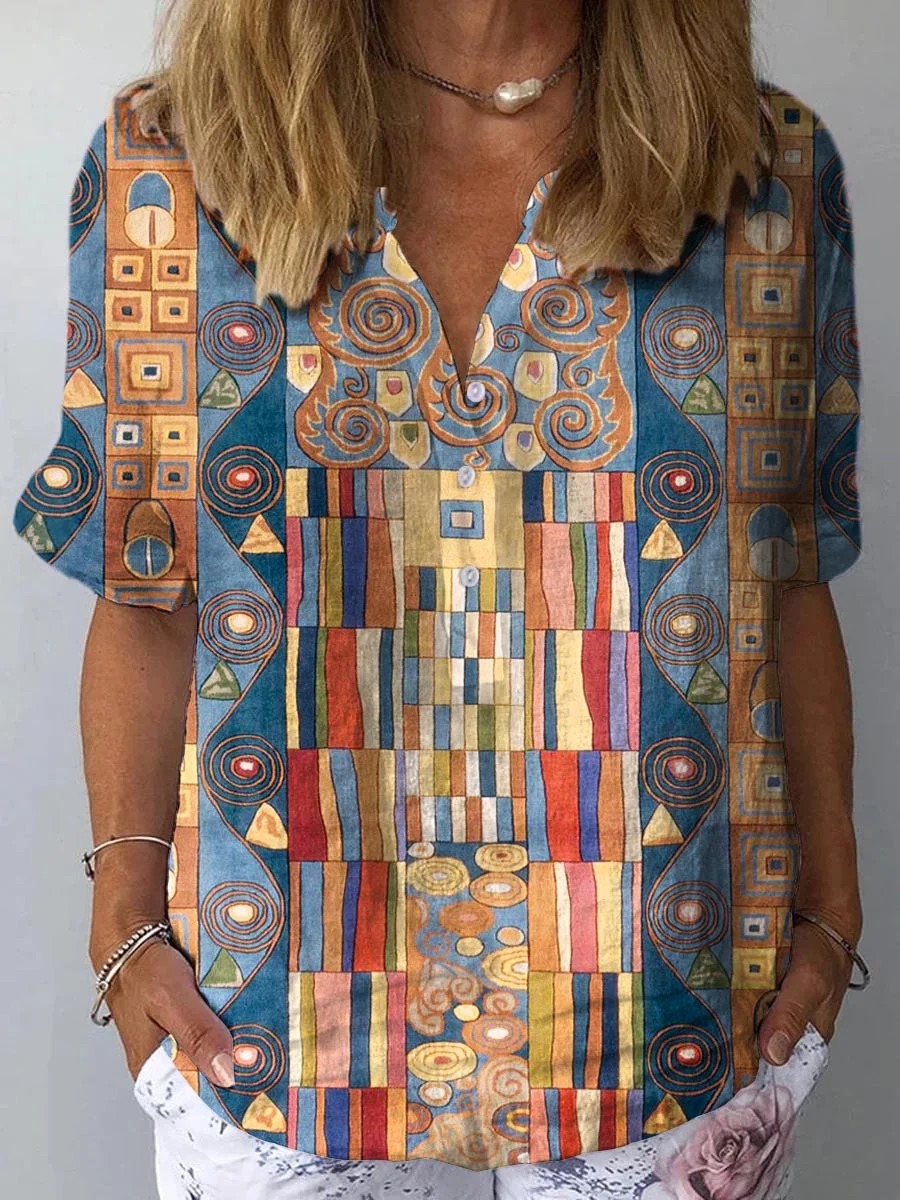 Women's Abstract Geometric Pattern Art Print Casual Cotton And Linen 3/4 Sleeve Shirt