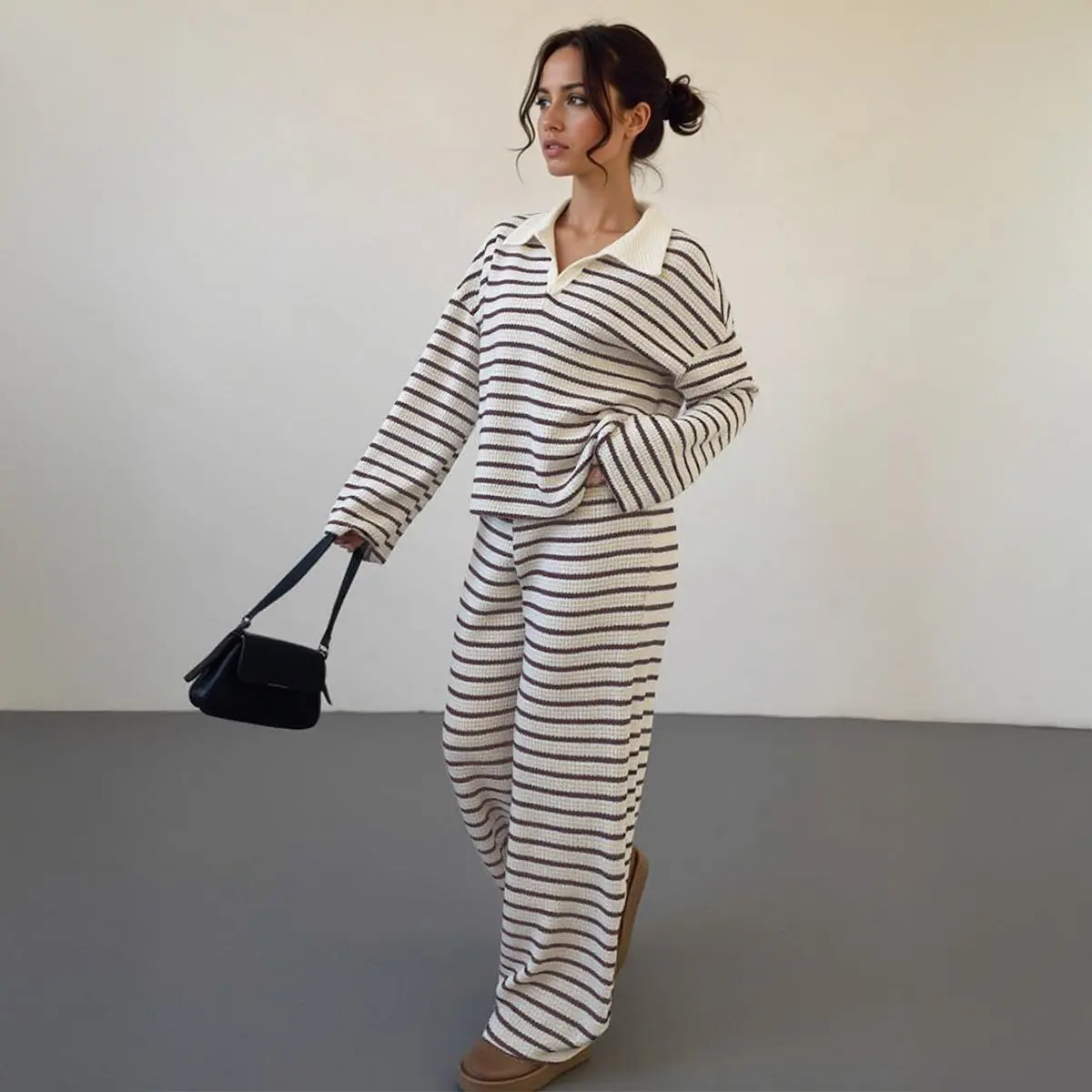 KatchMe Women's Casual Color Matching Stripe Long Sleeve Top & Wide Leg Trousers Co-ord, Soft V-Neck Loose Two Piece Outfits, Comfortable Womenswear（CN）