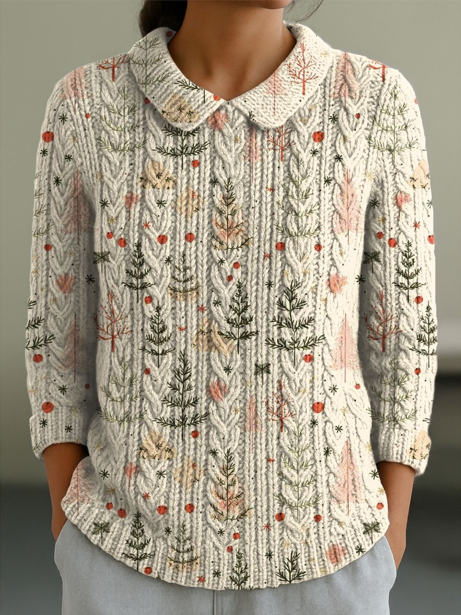 Women's Christmas Tree Art Print Buttoned Cardigan Sweater