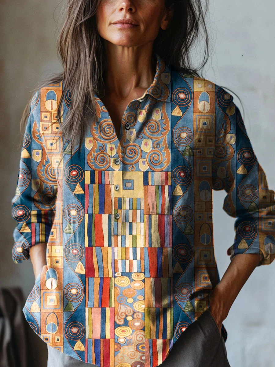 Women's Abstract Geometric Pattern Art Print Casual Cotton And Linen 3/4 Sleeve Shirt
