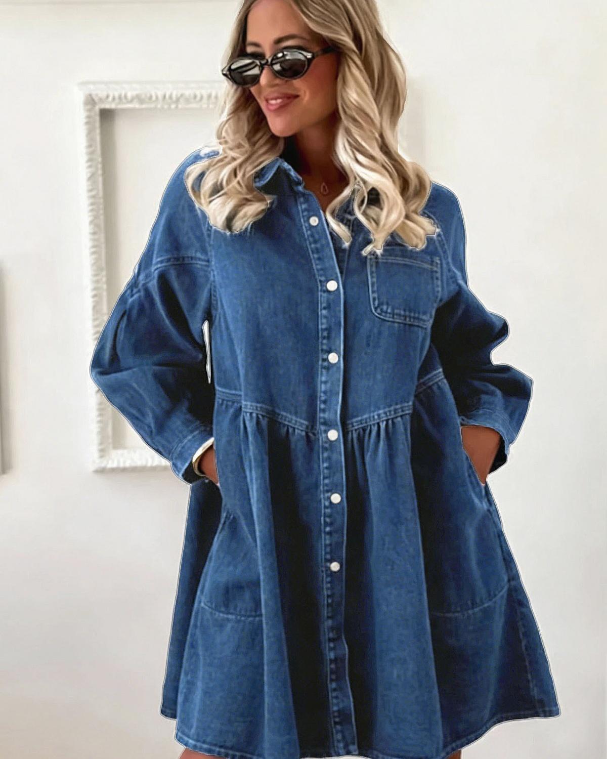 Gray Buttoned Long Sleeve Denim Mini Dress