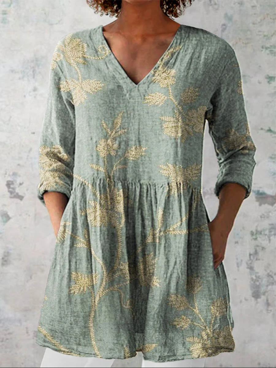 Women's Retro Floral Art Print Casual Cotton And Linen Shirt