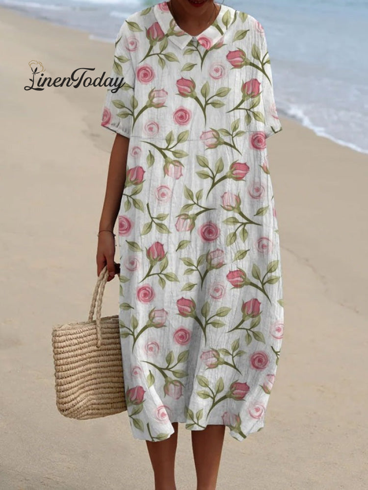 Women's Rose Flower Print Casual Cotton And Linen Shirt