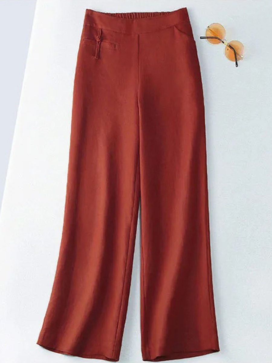 Women's Solid Color Button Half Elastic High Waist Casual Cotton and Linen Wide Leg Pants