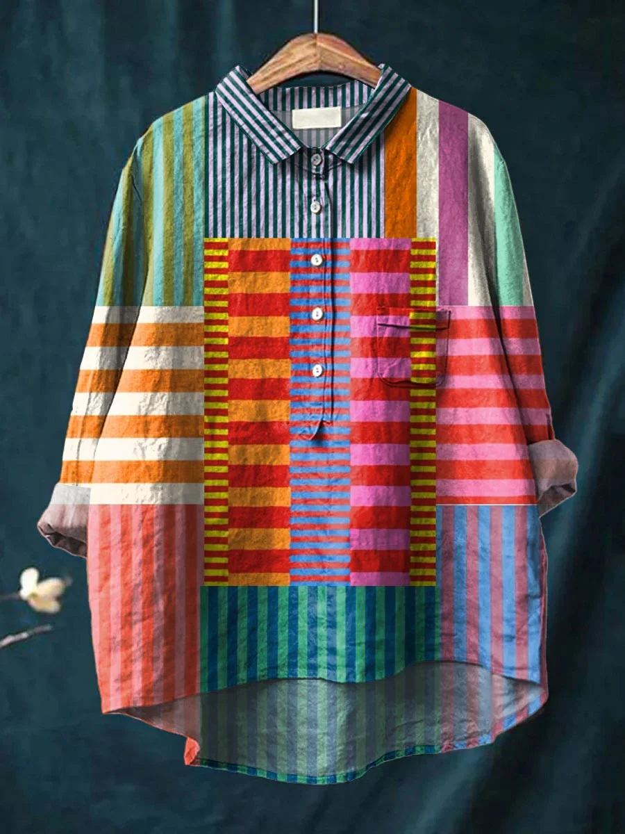 Women’s Colorful Patchwork Striped Cotton Linen 3/4 Sleeve Shirt