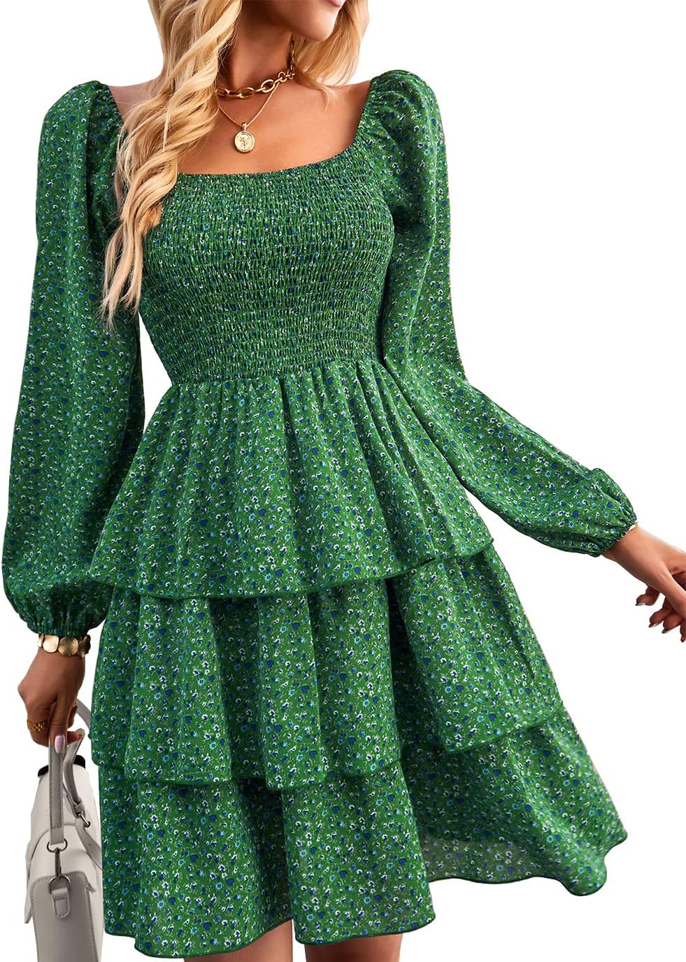 BTFBM Women Square Neck Smocked Summer Fall Dresses 2023 Long Sleeve Floral Swiss Dot Ruffle Party Mini Babydoll Dress