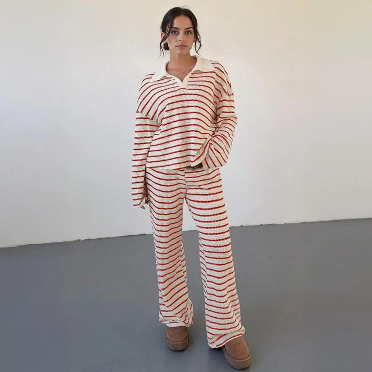 KatchMe Women's Casual Color Matching Stripe Long Sleeve Top & Wide Leg Trousers Co-ord, Soft V-Neck Loose Two Piece Outfits, Comfortable Womenswear（CN）