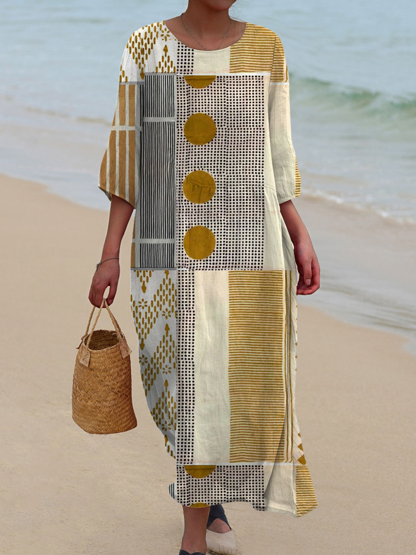 Women's Vintage Abstract Geometry Art Print Casual Cotton And Linen 3/4 Sleeve Shirt