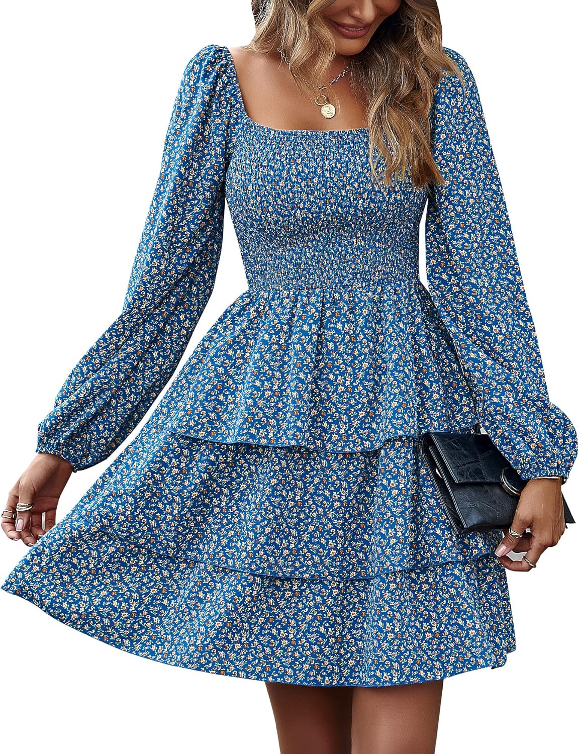 BTFBM Women Square Neck Smocked Summer Fall Dresses 2023 Long Sleeve Floral Swiss Dot Ruffle Party Mini Babydoll Dress