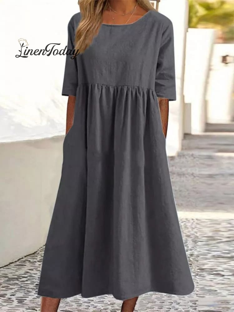 5-quarter Sleeve Casual Loose Solid Color Cotton and Linen Dress