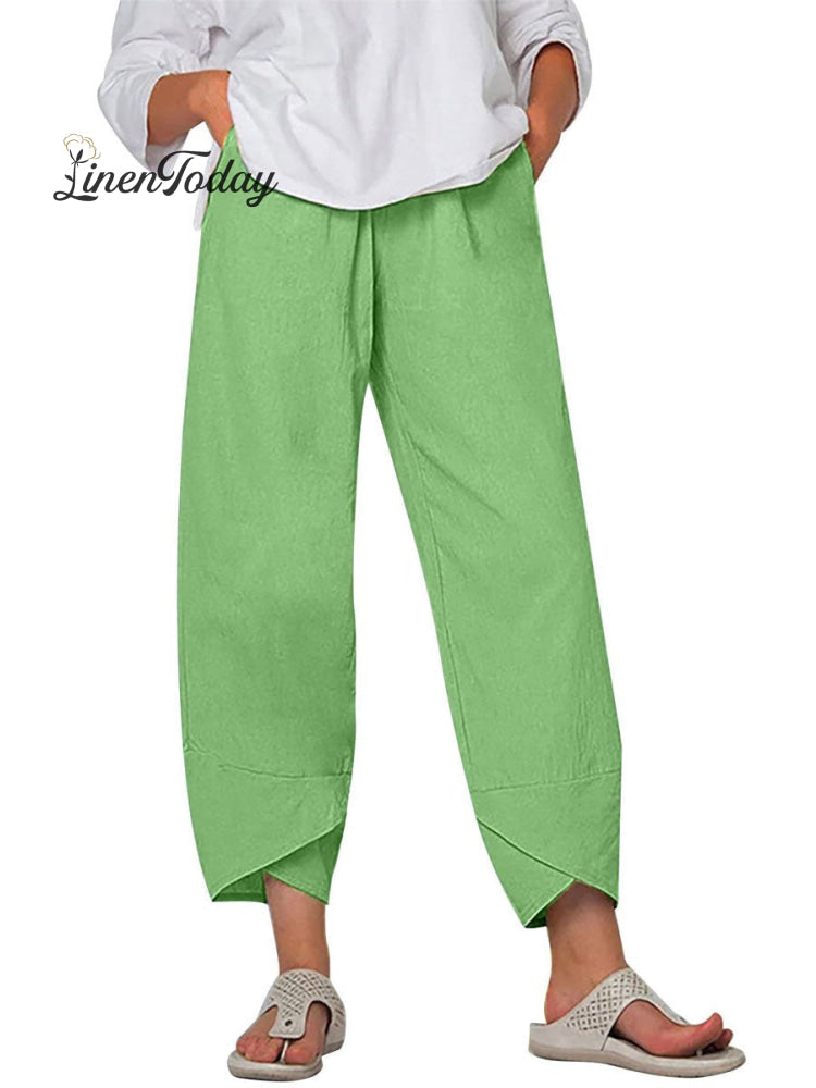 Women's Solid Color Loose Elegant Casual Simple Cotton And Linen Ninth Pants