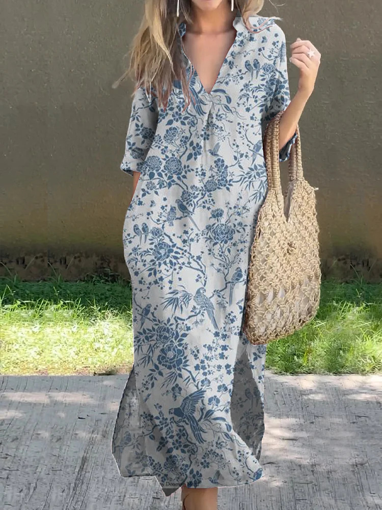 Summer Casual Loose Slit V-Neck Printed Faux Linen Dress