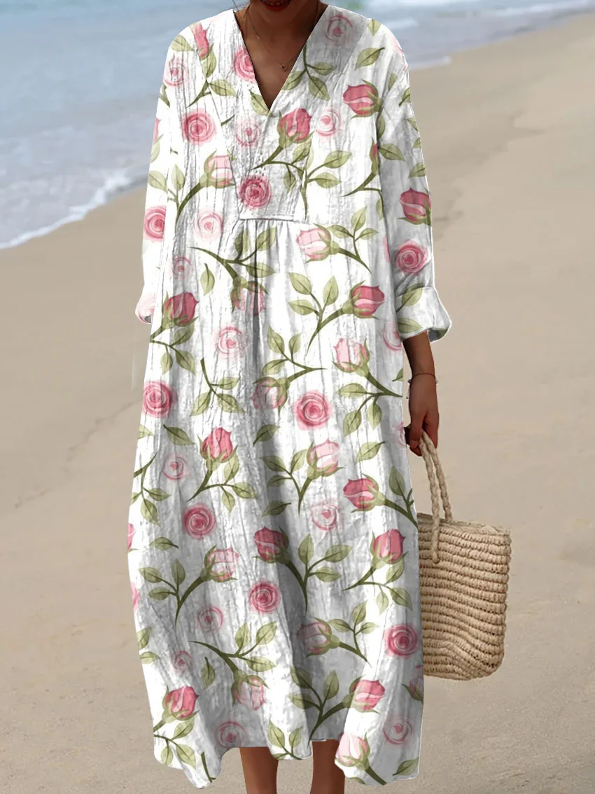 Women's Rose Flower Print Casual Cotton And Linen Shirt