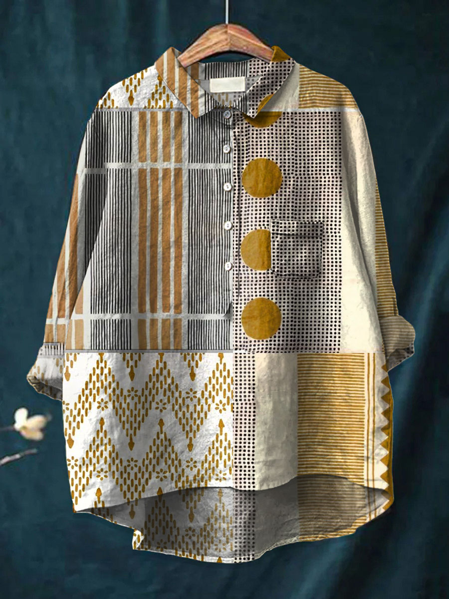 Women's Vintage Abstract Geometry Art Print Casual Cotton And Linen 3/4 Sleeve Shirt