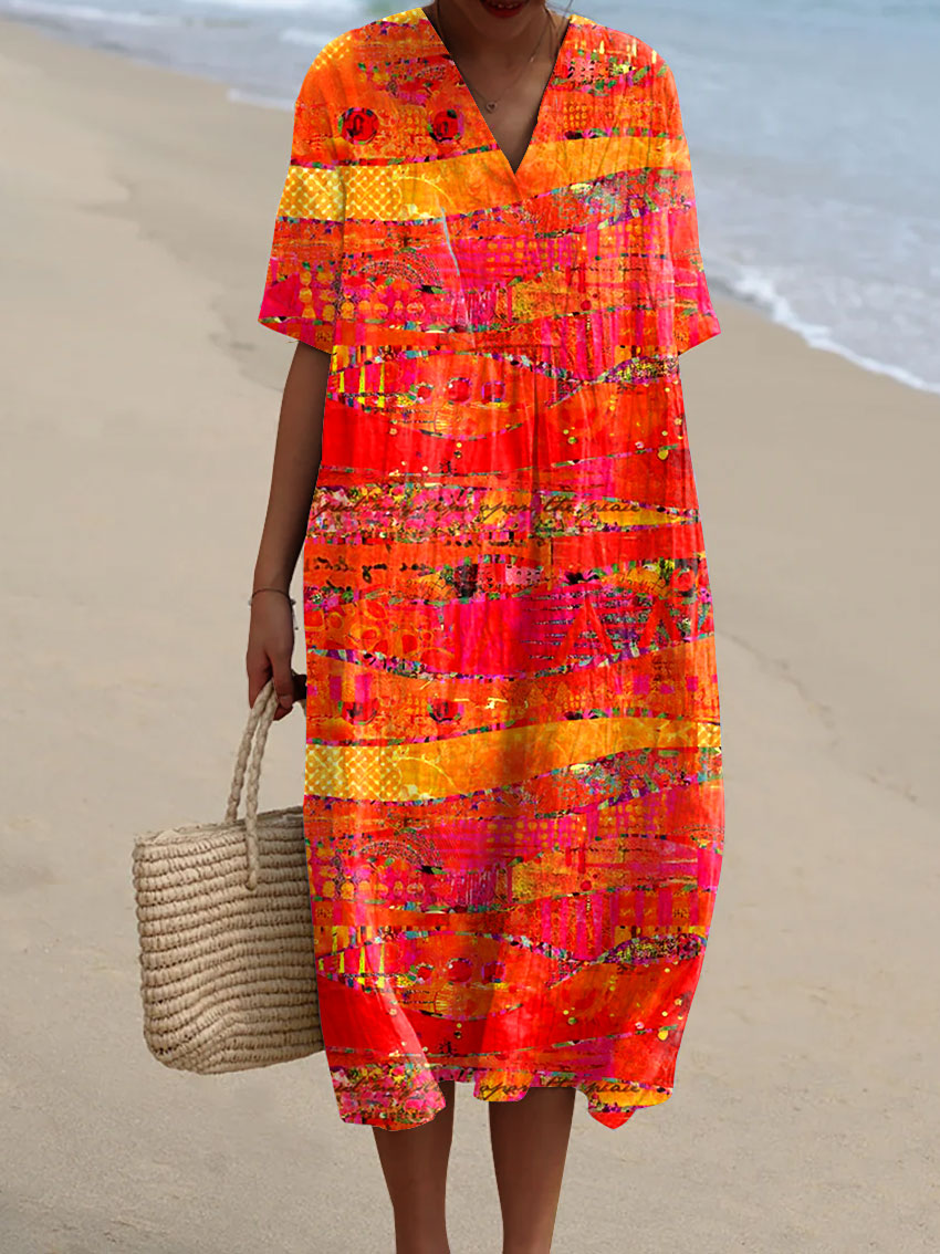 Women's Vintage Art Print Casual Cotton And Linen 3/4 Sleeve Shirt