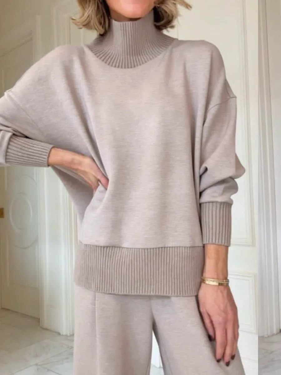 Casual Travel Stand Collar Side Zipper Top Straight Pants Two-Piece Set