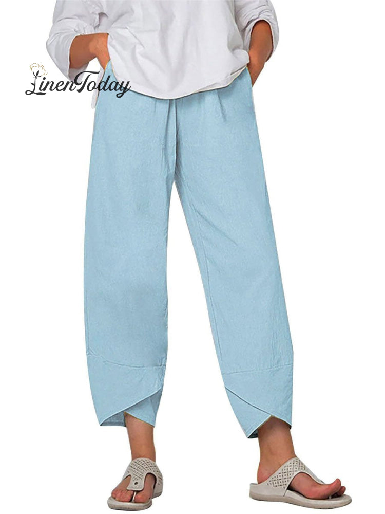 Women's Solid Color Loose Elegant Casual Simple Cotton And Linen Ninth Pants