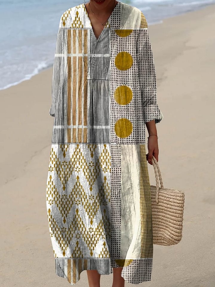 Women's Vintage Abstract Geometry Art Print Casual Cotton And Linen 3/4 Sleeve Shirt