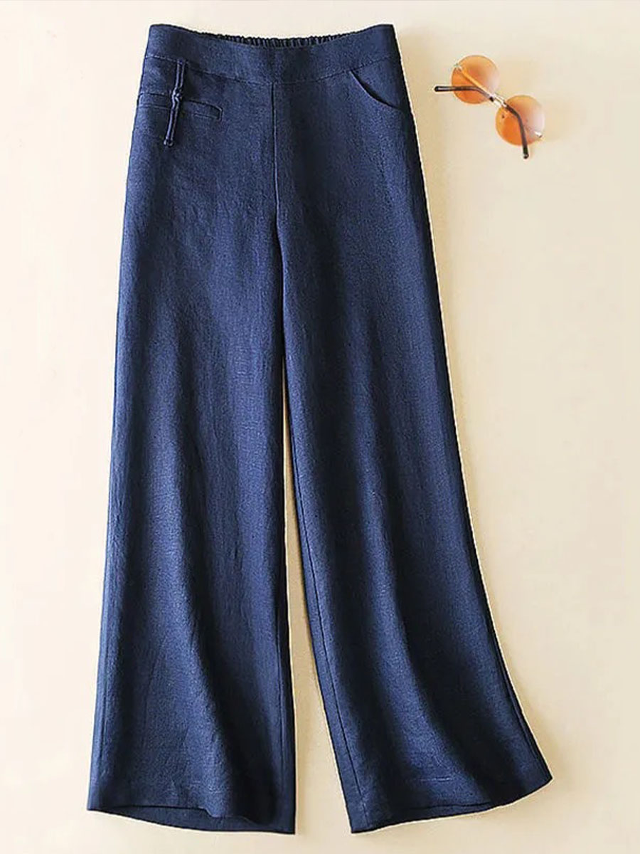 Women's Solid Color Button Half Elastic High Waist Casual Cotton and Linen Wide Leg Pants