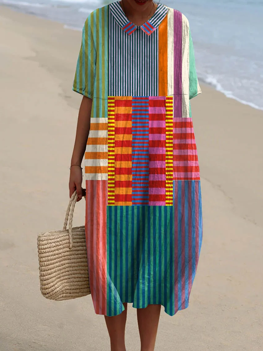 Women’s Colorful Patchwork Striped Cotton Linen 3/4 Sleeve Shirt