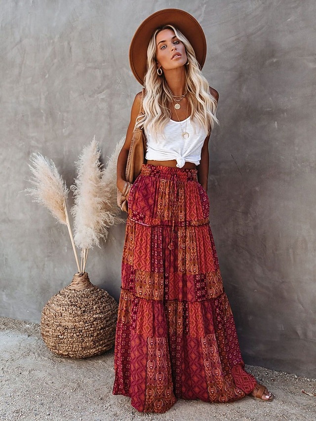 Women's Boho Maxi Skirt – Vintage Print Swing Long Skirt with Drawstring, Casual Vacation Summer Skirt
