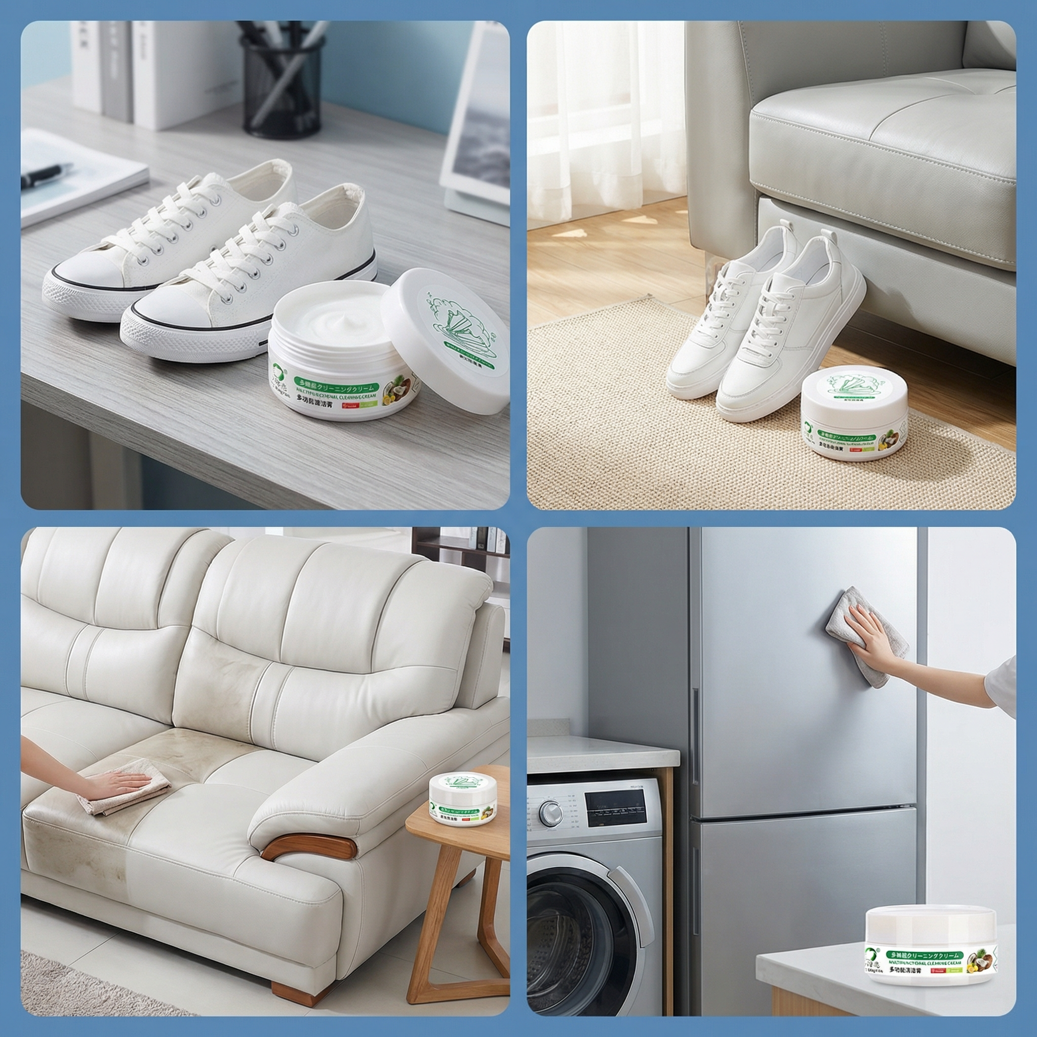 白い靴用クリーニングクリーム。瞬時に汚れを落とし、汚れを深く除去します。運動靴の染み抜きにも最適で、水を使わずに白い靴のお手入れとメンテナンスができます。