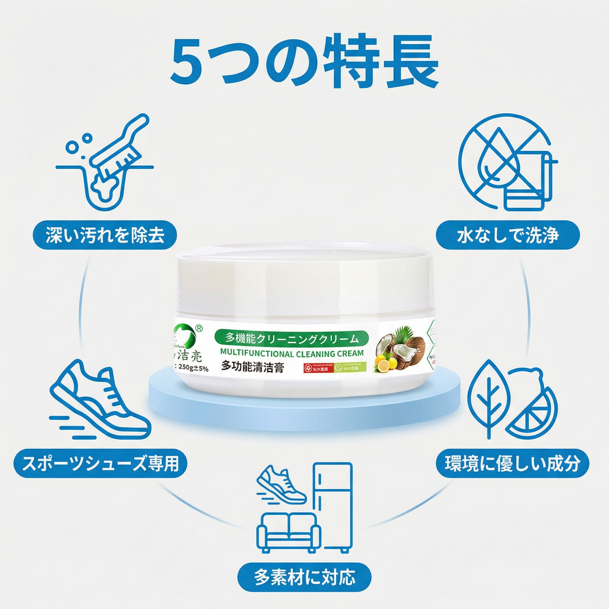 白い靴用クリーニングクリーム。瞬時に汚れを落とし、汚れを深く除去します。運動靴の染み抜きにも最適で、水を使わずに白い靴のお手入れとメンテナンスができます。