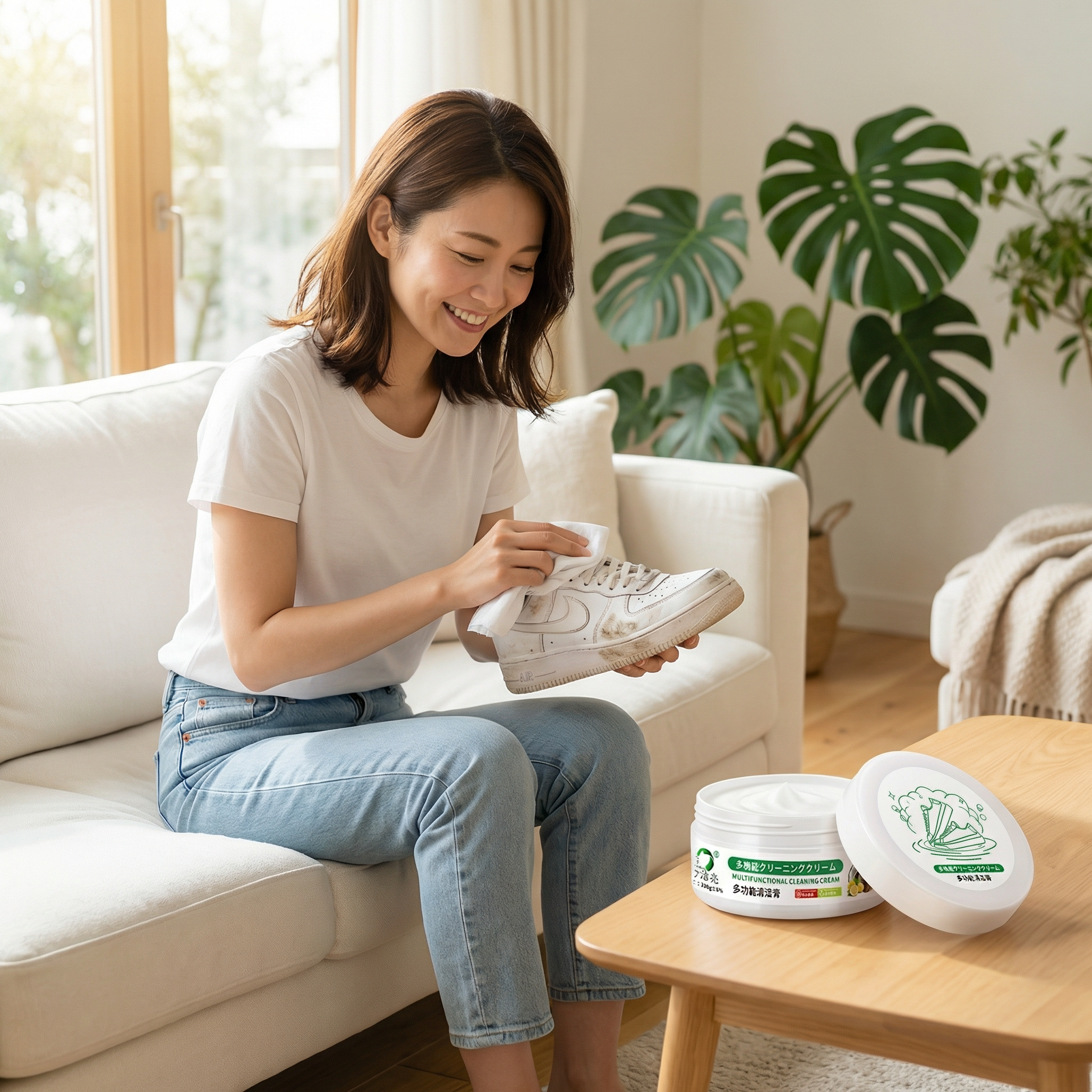 白い靴用クリーニングクリーム。瞬時に汚れを落とし、汚れを深く除去します。運動靴の染み抜きにも最適で、水を使わずに白い靴のお手入れとメンテナンスができます。