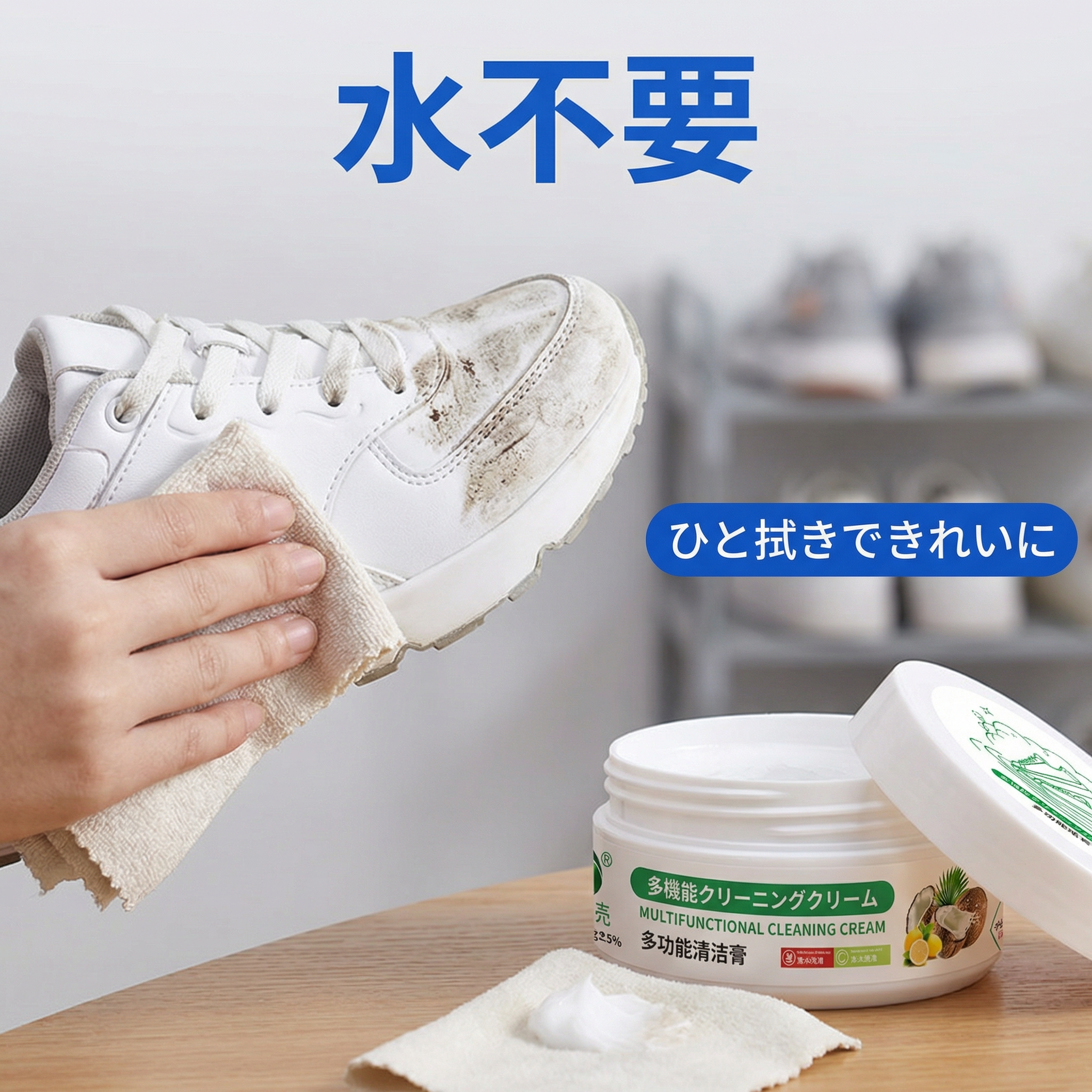 白い靴用クリーニングクリーム。瞬時に汚れを落とし、汚れを深く除去します。運動靴の染み抜きにも最適で、水を使わずに白い靴のお手入れとメンテナンスができます。