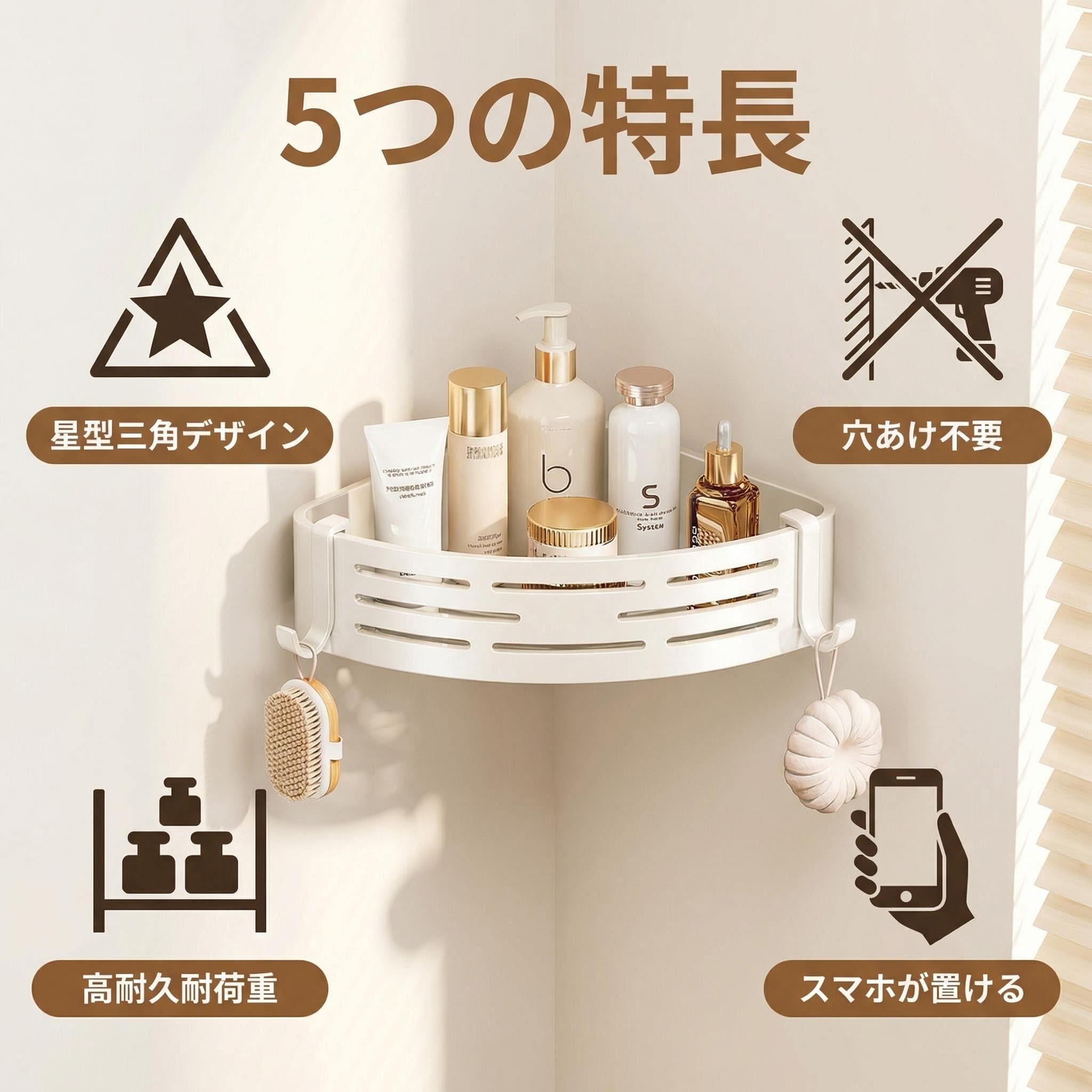 JOYFYO 吸盤式バスルームシェルフ、洗面用品に最適、壁掛け式星型三角形収納ラック、穴あけ不要。