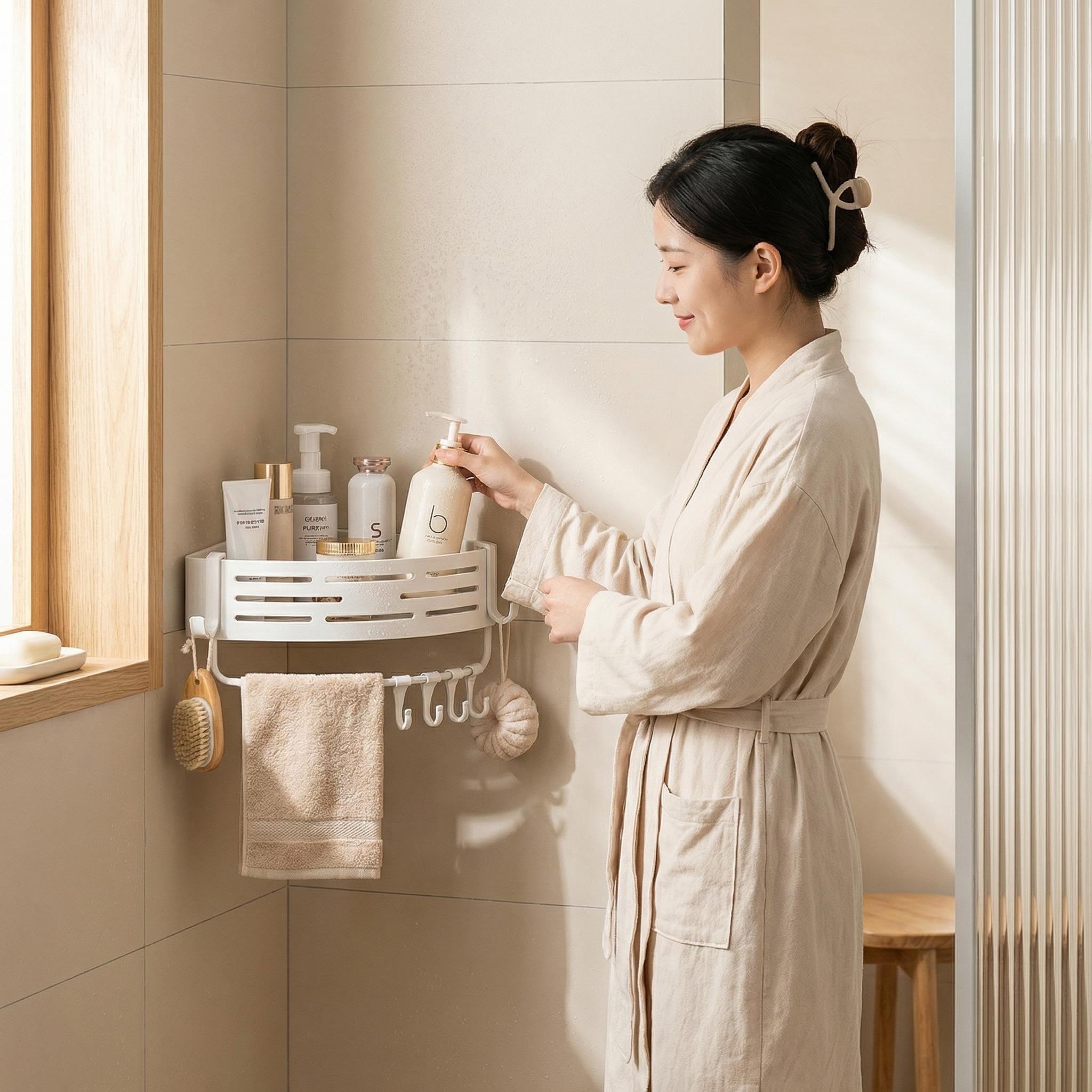 JOYFYO 吸盤式バスルームシェルフ、洗面用品に最適、壁掛け式星型三角形収納ラック、穴あけ不要。