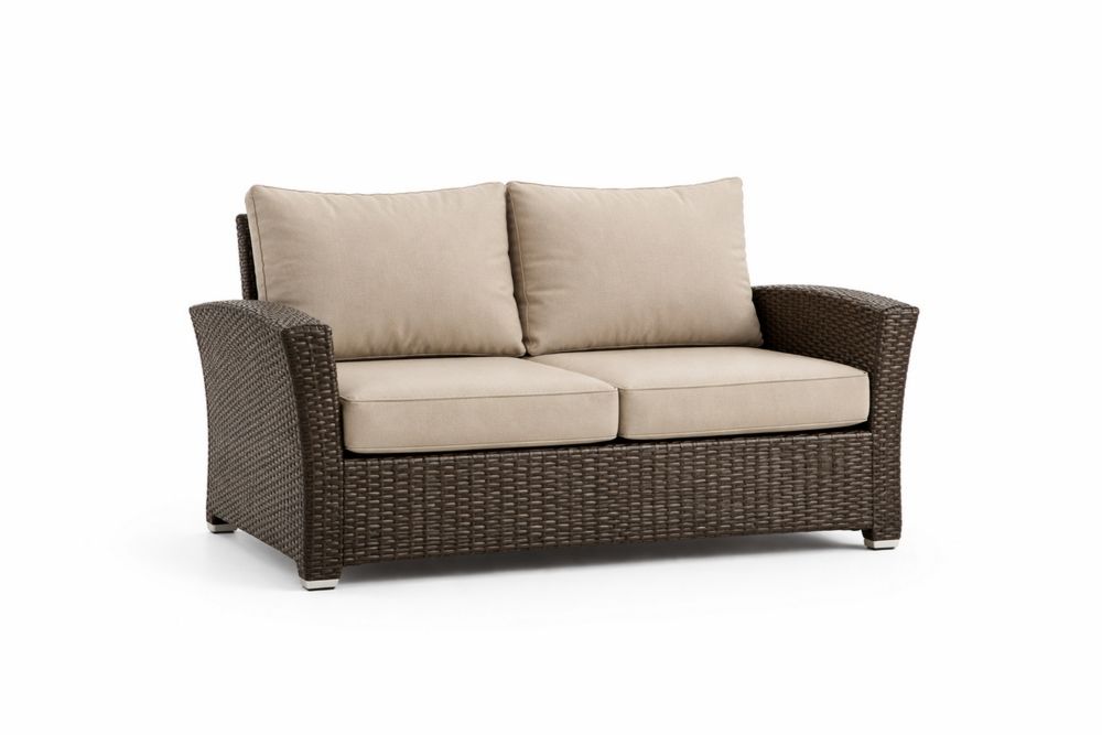 Outdoor Rattan Sofa with Beige Cushions, Wicker 2-Seater