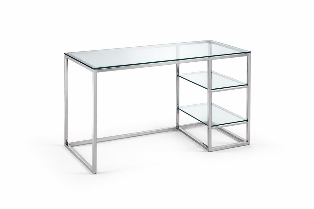 Rectangular Glass Desk with Shelves Stainless Steel Frame