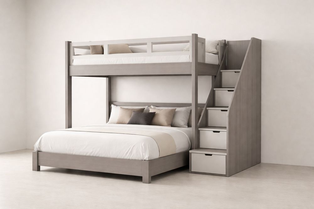 Twin Over Full Bunk Bed Solid Wood with Storage Stairs Gray