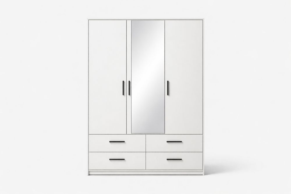 Three Door Wardrobe with Mirror and Drawers MDF White 200x60x220 cm