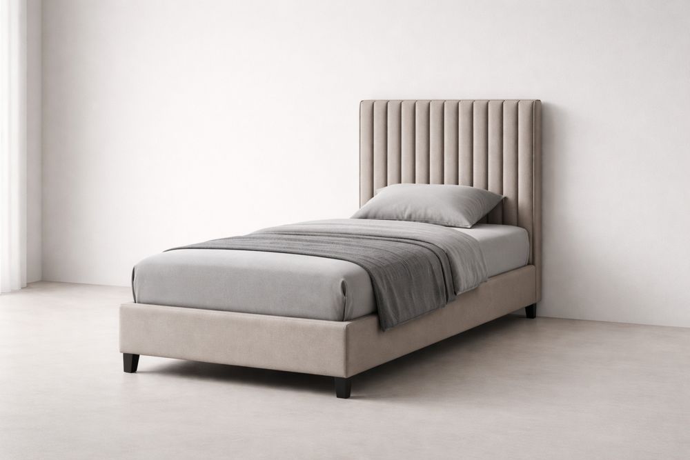 Single Upholstered Bed with Velvet Headboard, Beige/Gray