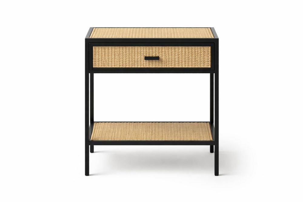 Woven Cane and Steel Nightstand with Drawer and Shelf