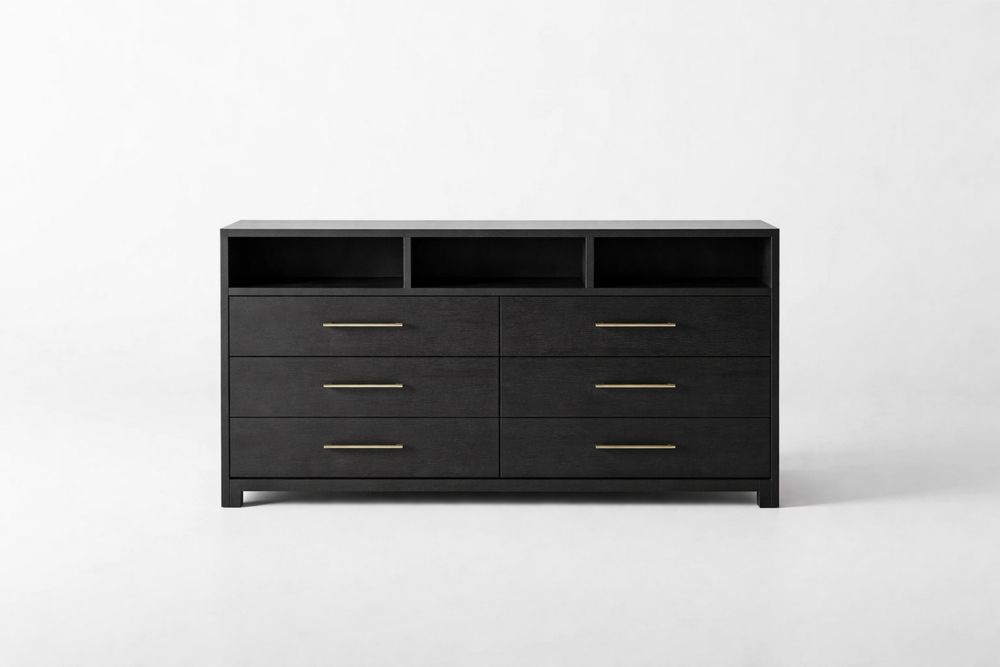 Black Oak Wood Dresser with Six Drawers and Open Shelves