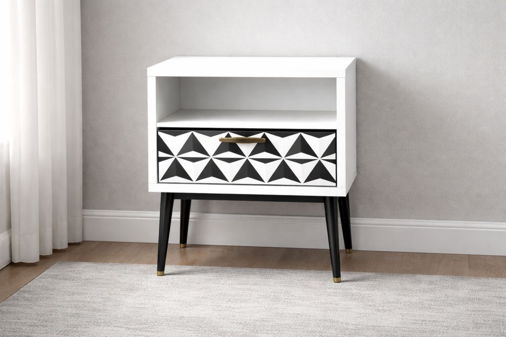 Geometric Pattern MDF Nightstand with Drawer in Black and White