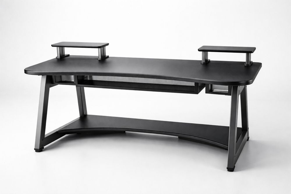 Black Curved Steel and MDF Office Desk with Shelves 160x75x81 cm