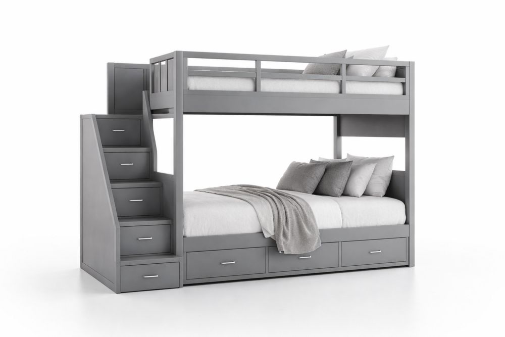 Solid wood Bunk Bed with Storage Stairs Twin Over Full Gray