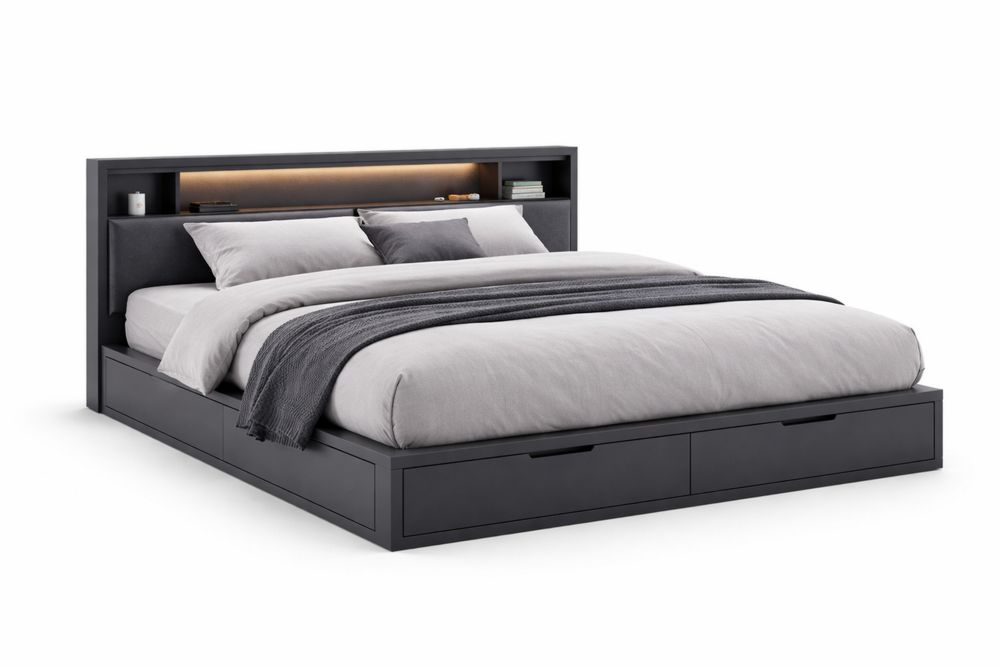 Queen Storage Bed Platform with Headboard Shelves and Built-in LED Light