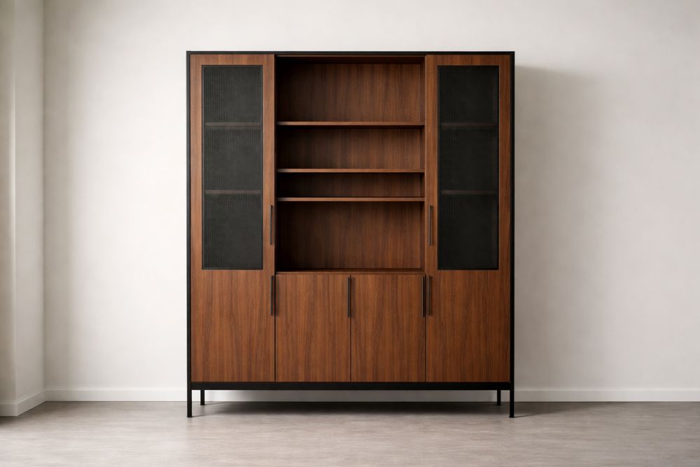 Walnut Veneer Display Cabinet with Tempered Glass and Steel Frame