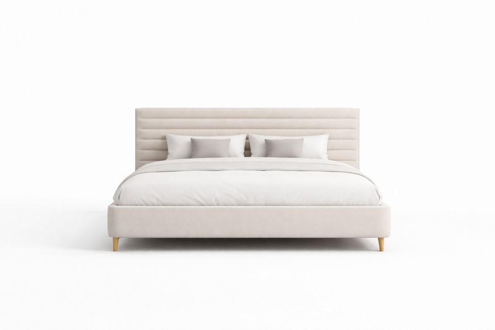 Upholstered Bed Frame with Channel Tufted Headboard King Size Polyester Beige