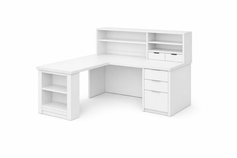 L-Shaped Office Desk Particle Board with Shelves and Drawers White 152cm x 152cm x 76cm