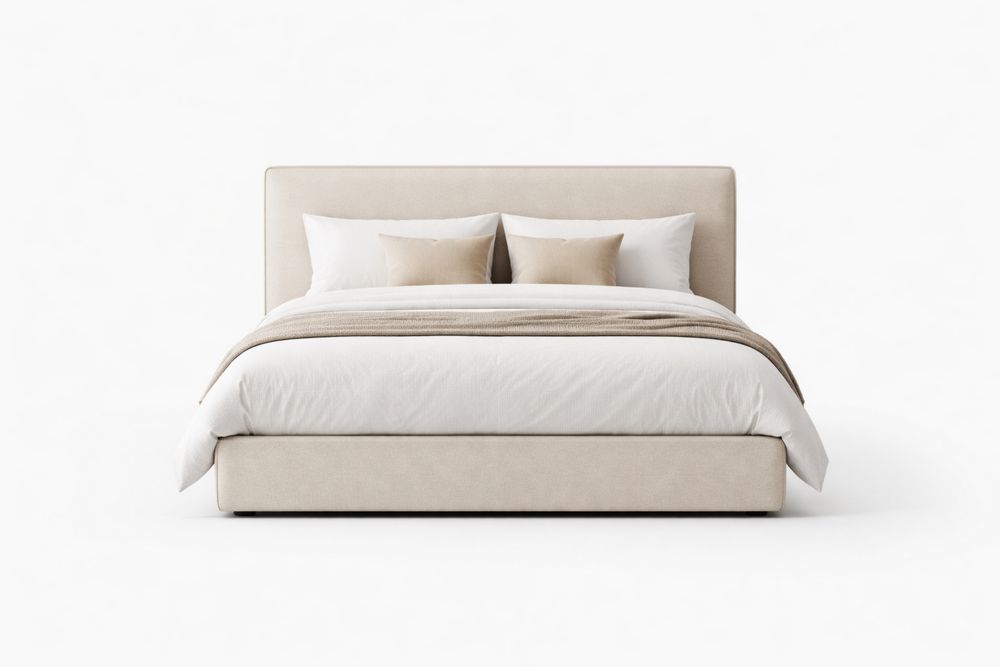 Upholstered Platform Bed Polyester Fabric Queen Size Beige